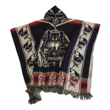 Poncho Abrigo Lana De Alpaca 100 Chileno Negro Con Disenos