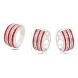 Conjunto De Arracadas Y Anillos En Acero Inoxidable Rojas