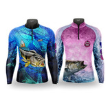 Kit Casal Camisa Camiseta De Pesca Drysofty Ref 13/30 Uv50+