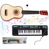 Kit Mini Violão Infantil De Madeira + Piano Teclado Musical 