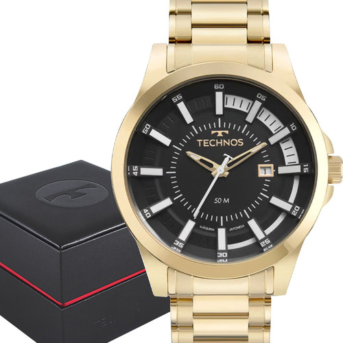 Relógio Masculino Dourado Technos Ouro 18k Carteira Brinde