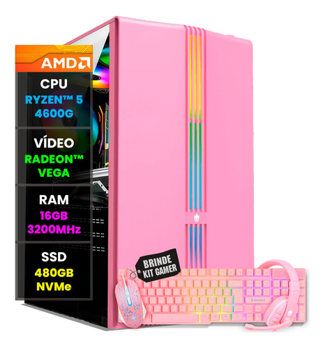 Pc Gamer Computador Completo Amd Ryzen 5 Kit Rosa Pink Wifi