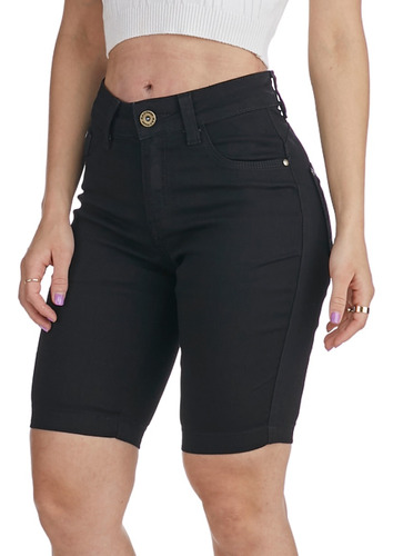 Bermuda Jeans Feminina Preta Cós Alto Lycra Alta Qualidade