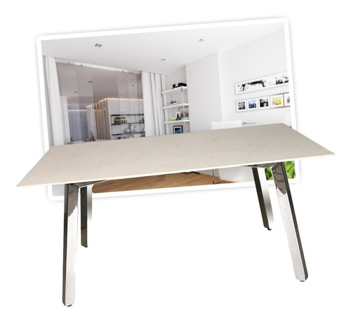 Mesa Tap De Vidrio Símil Marmol Y Patas De Cromo 160x90 Cm