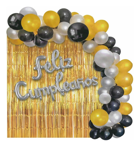 Kit Decoración Globos Negro Dorado Blanco Feliz Cumpleaños