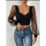 Blusa Crop Top Pol Elegante Negro Encaje Fiesta Celebración 