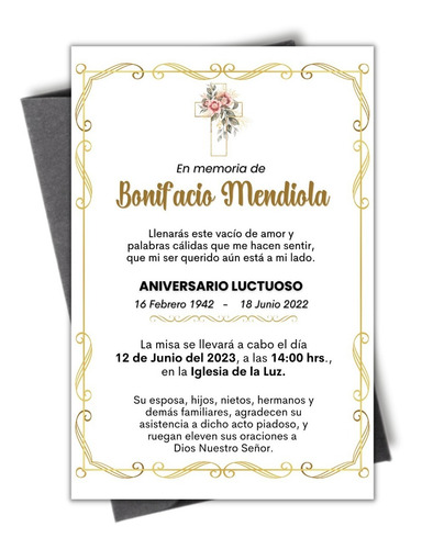 Invitación Esquela Aniversario Luctuoso Digital Imprimible