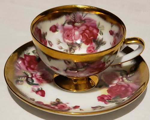 Taza De Café Con Plato Porcelana Tsuji Rosas Y Oro 