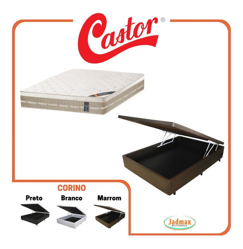 Cama Box Baú Blindada Casal + Colchão Castor Firme 138x188 Cor Corino Marrom