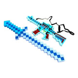 Kit Espada + Arma Minecraft Azul Diamante Som E Luz