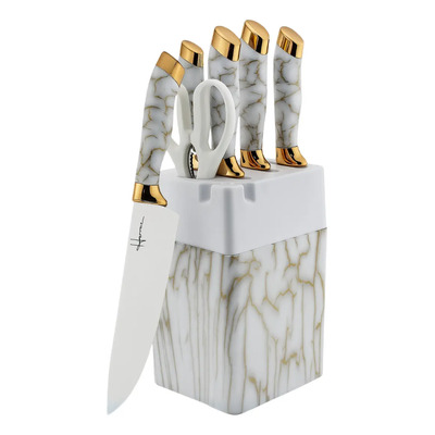 Juego De 5 Cuchillos Con Base Acabado Marmol Blanco Y Dorado Blanco