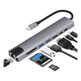 Hub Usb Tipo C 8 En 1 Lan Hdmi Usb 3.0 Sd Tf Laptop Celular Color Plateado