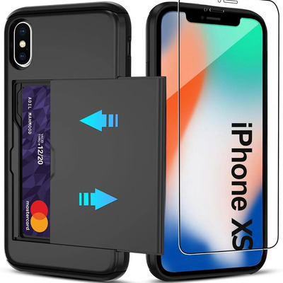Funda Para iPhone XS+1 Mica Diseño Resistente De Doble Capa A Prueba De Golpes Ranura Oculta Para Tarjetas Negro