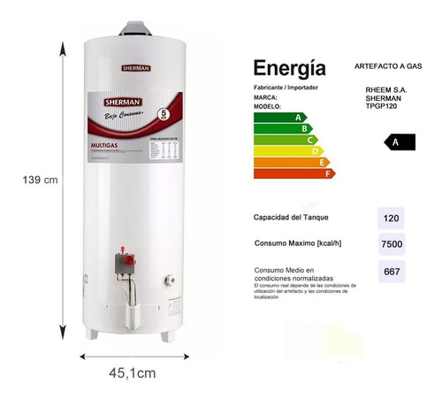 Termotanque Multigas Sherman Gas Tpgp120 Blanco 120l