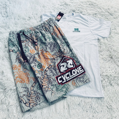 Kit Bermuda Cyclone Veludo Cinza + Camiseta Setas