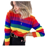 Blusa De Inverno Total Colorida Listrada Rainbow Tricot