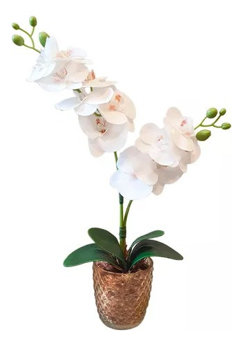  Orquídea Branca 2 Hastes Silicone No Vaso Âmbar Vidro Decor