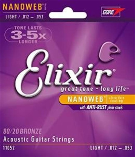 Elixir 11052 Acoustic 80/20 Bronze Guitarra Cuerdas Con Nano