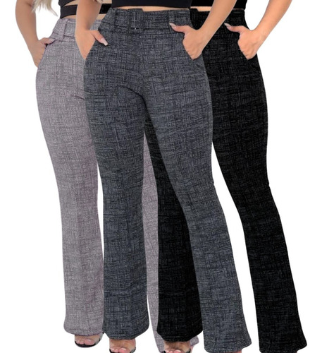 Kit 3 Calça Flare Feminina Bailarina Boca De Sino Cinto