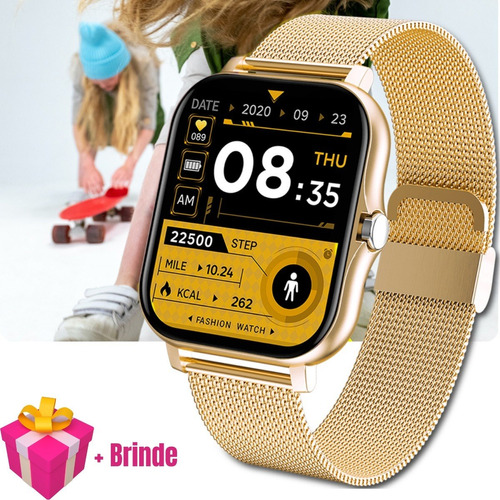Relógio Inteligente Smartwatch Feminino Gold Tela 3d Metal