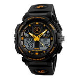 Reloj Hombre Skmei 1270 Sumergible Digital Alarma Cronometro Color De La Malla Negro Color Del Fondo Dorado