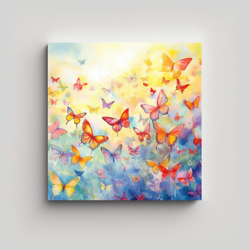 70x70cm Cuadro De Mariposas Volando En Acuarela Flores