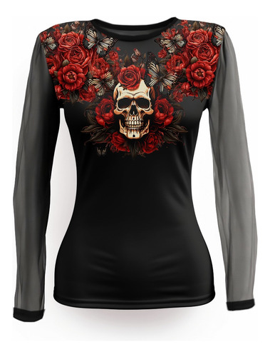 Blusa Negra Gótica Manga Larga Transparente Calavera Y Rosa