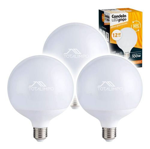 3 Lámparas Led Globo 12w (100w) Luz Cálida Candela 6801