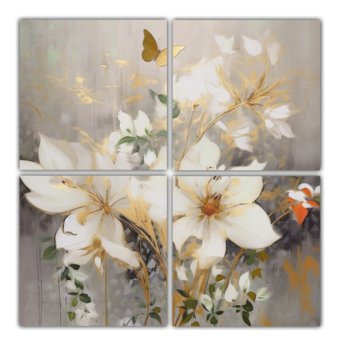 100x100cm Cuadro Floral Blanco Y Oro Con Mariposas Flores