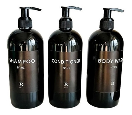 Dispenser Set 3 De Plastico Negro Shampoo, Acond, Body Wash