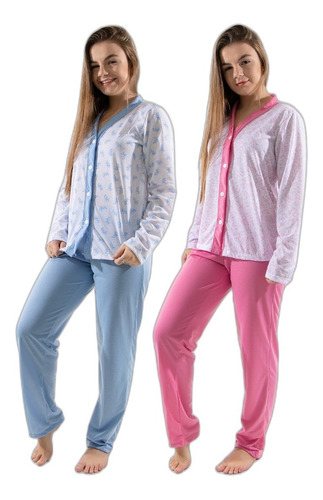 Kit 2 Pijamas Longo De Frio Aberto De Botão Amamentação 