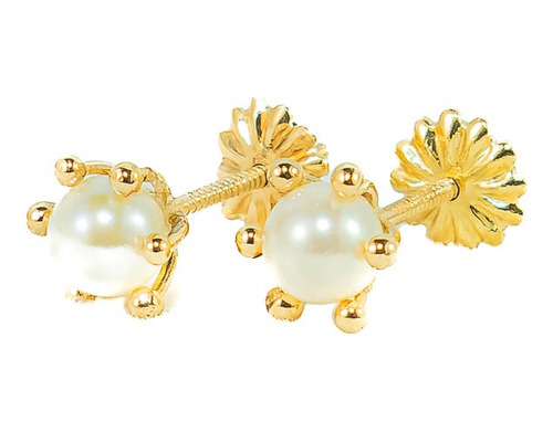 Aros Pistilos Con Perlas De 3,5mm De Oro 18k Zarcillos Niñas