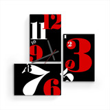 Reloj De Pared Cuadro Triptico Blanco Negro Rojo Moderno