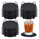 24 Pieces Black Slate Coasters With Holder Round Stone Co...