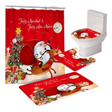 Set Cortina De Baño Con Estampado Navidad De 4 Piezas Cl28