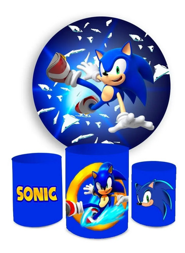 Kit Painel Decorativo + 3 Capas Cilindro Tema Sonic Tecido