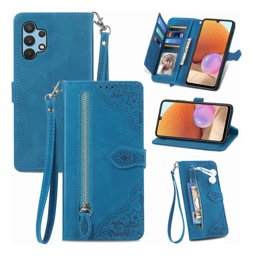 T Capa De Couro Zipper Emboss Flower Cards Solt Para Samsung