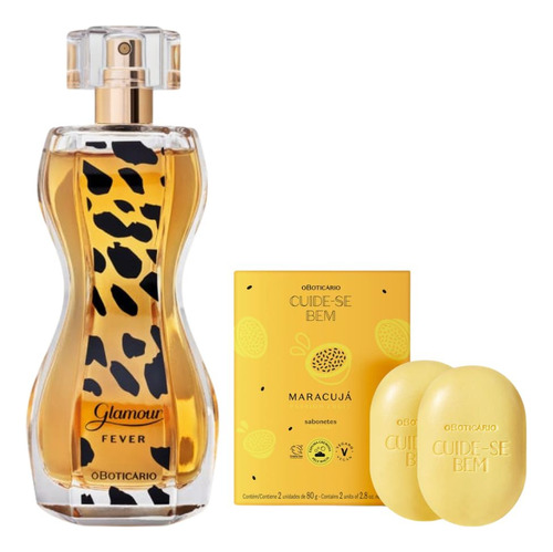 Combo Glamour Fever Colônia 75ml + Sabonetes Em Barra Cuide-se Bem Feira Maracujá 2x80g Kit Perfume Feminino O Boticário 