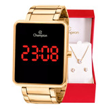 Kit Relógio Feminino Champion Digital Dourado Colar Brincos Cor Do Fundo Led Vermelho 2