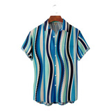Camisa Hawaiana Unisex Azul Con Rayas Onduladas, Camisa De P