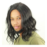 Peruca Lace Front Wig Preta Masculina Ondulada Fibra Premium