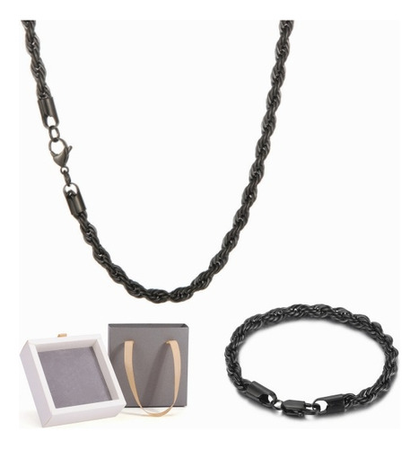 2pz Collar Y  Pulsera Torsal Acero Inoxidable Hombre Negro