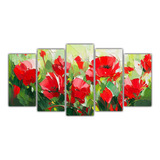 150x75cm Cuadro Floral En Lienzo Verde Y Rojo Bastidor Mader