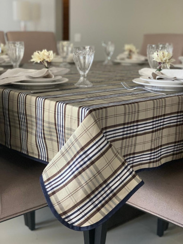 Toalha De Mesa Quadrada Jacquard Xadrez Bege 2,00m X 2,00m 