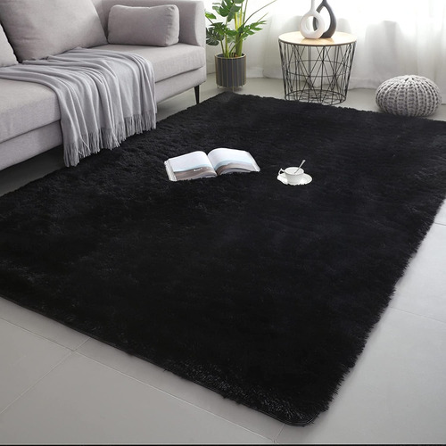 Cubre-piso Unicolor Negro Peludo 200x240, Cálido Y Suave