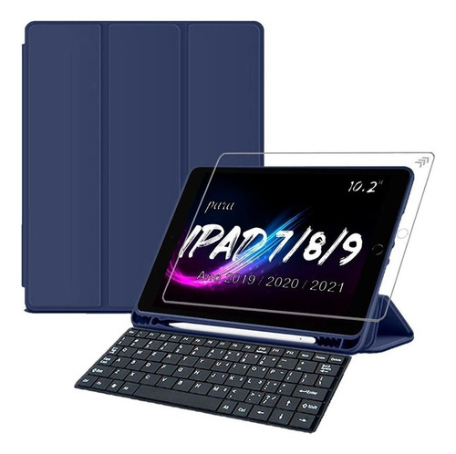 Capa Teclado Para Tablet iPad 9 Comp Pencil Pelicula Cor Azul