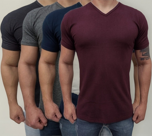 Kit 4 Camisetas Gola V Masculina Básica Lisa Camisa Slim