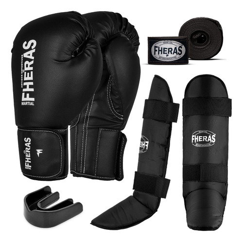 Kit Muay Thai Luva Bandagem Caneleira Bucal Fheras