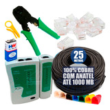 Kit 25mt Cabo Rede Cinza Testador Alicate 20 Plugs Rj45 Capa