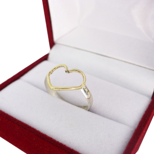 Anillo Solitario Corazon Plata 925 Y Oro Delicado Compromiso